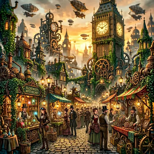 Steampunk Cityscape: Dusk Market Adventure
