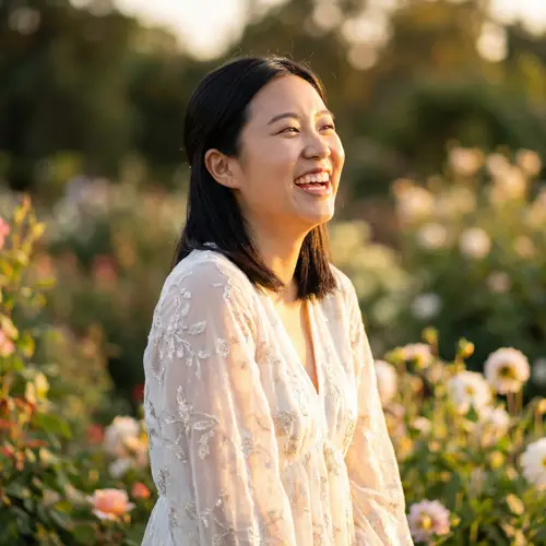 Charming Young Asian Woman in Resplendent Bright Clothing