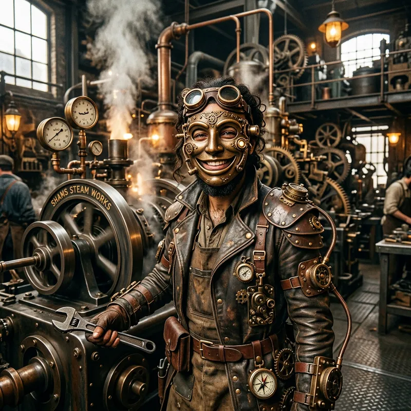 Steampunk Engineer with Smiley Face Mask Steampunk Engineer with Smiley Face Mask