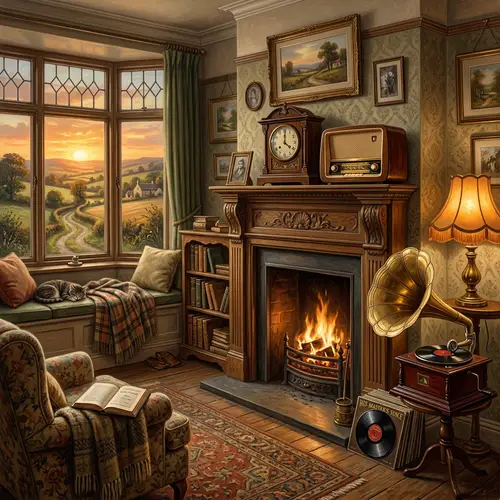 Vintage Artifacts Room: Nostalgic Setting with Antique Clock, Retro Radio, Gramophone, Lamp & Bay Window