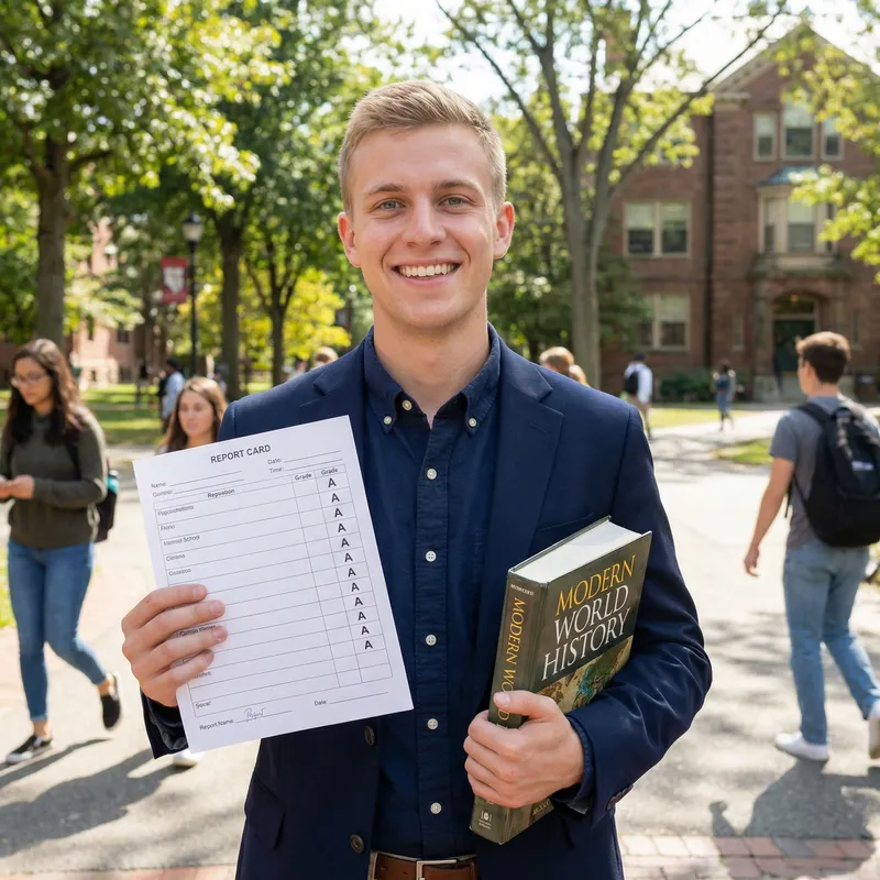 Intelligent College Student with Blonde Hair and Blue Eyes Achieves Straight A's