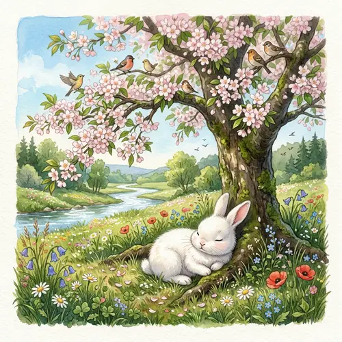 Peaceful Rabbit Resting Under Blossoming Tree