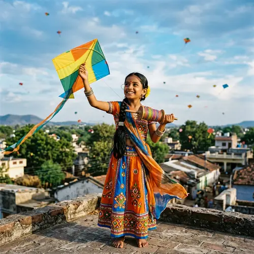 Young Indian Girl in Traditional Attire Flying Colorful Kite