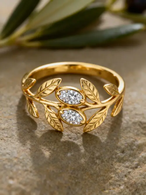 Olive Tree Inspired Gold Ring with Diamonds