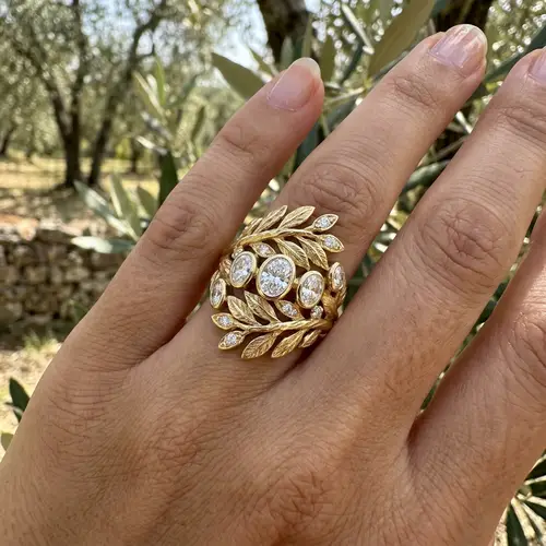 Olive Tree Inspired Gold Ring with Diamonds