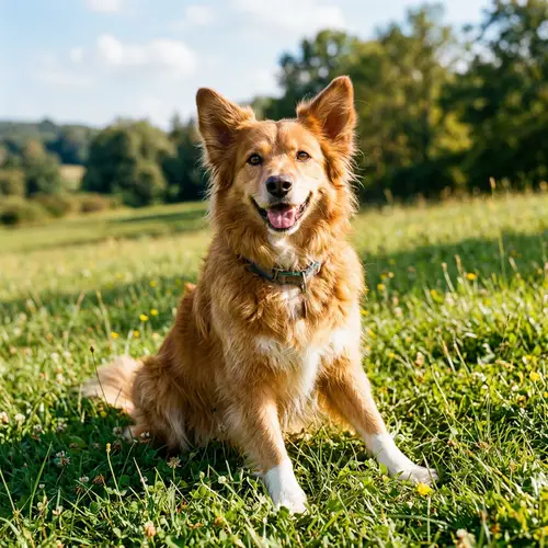 Playful Dog with Long Hair on Sunny Grass Field