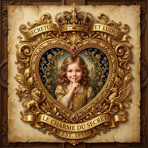 Heart-shaped Gold Coat of Arms | Intricate Emblem with Girl in Playful Pose