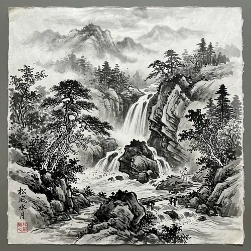 Japanese Sumi-e Zen Art Waterfall Illustration