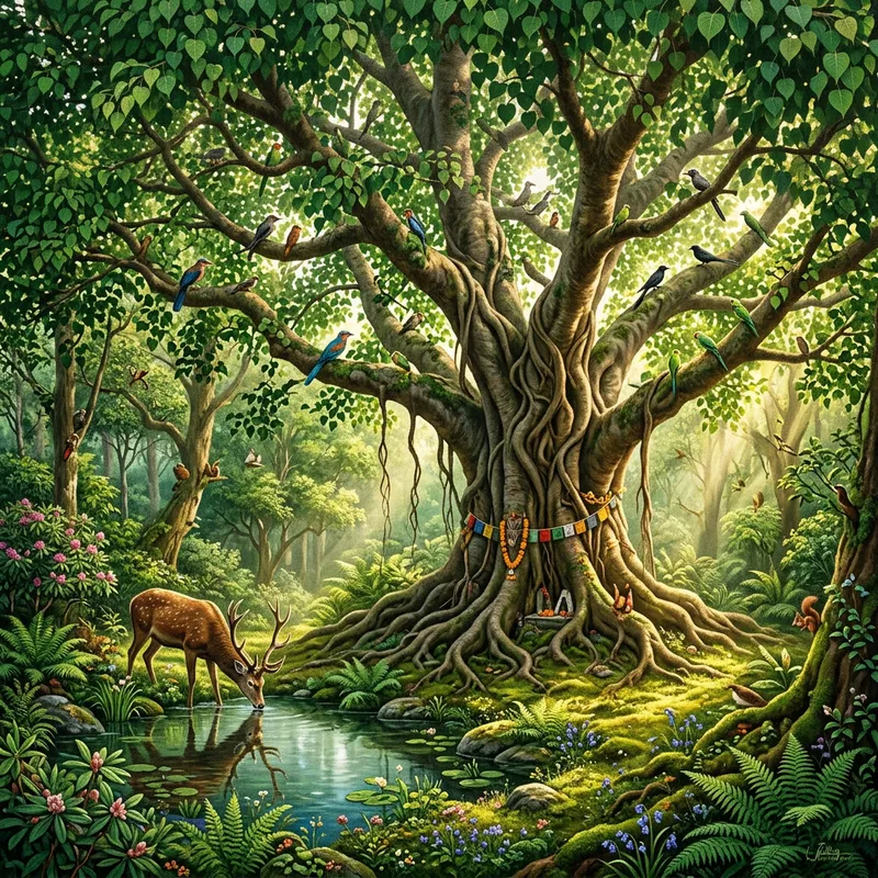 Enchanting Forest with Sacred Fig Tree and Diverse Wildlife