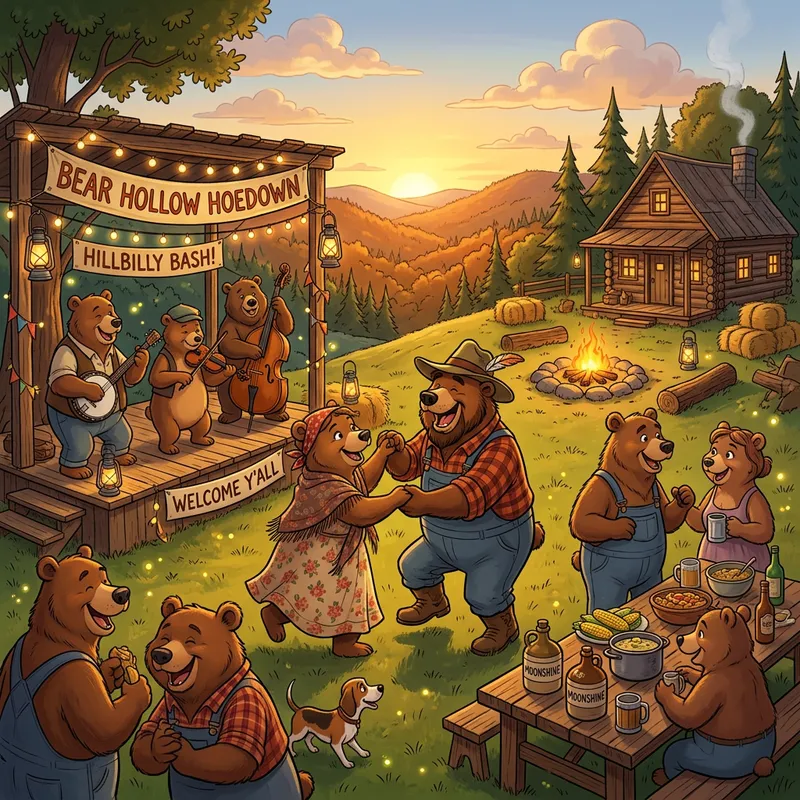 Hill Billy Cartoon Bears Party Scene