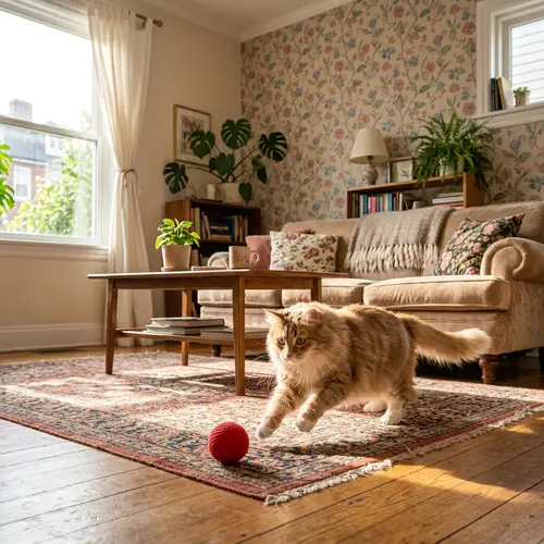 Playful Cat Chasing Toy Ball in Cozy Living Room