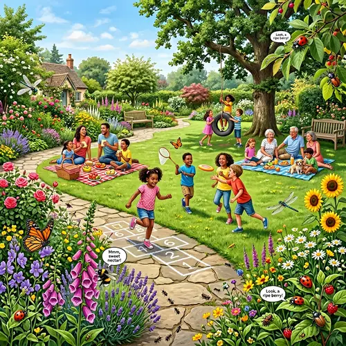 Vibrant Garden Scene with Insects and Fun Activities