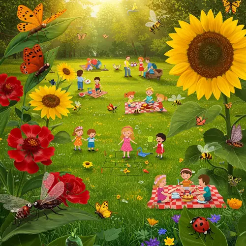 Vibrant Garden Scene with Insects and Fun Activities