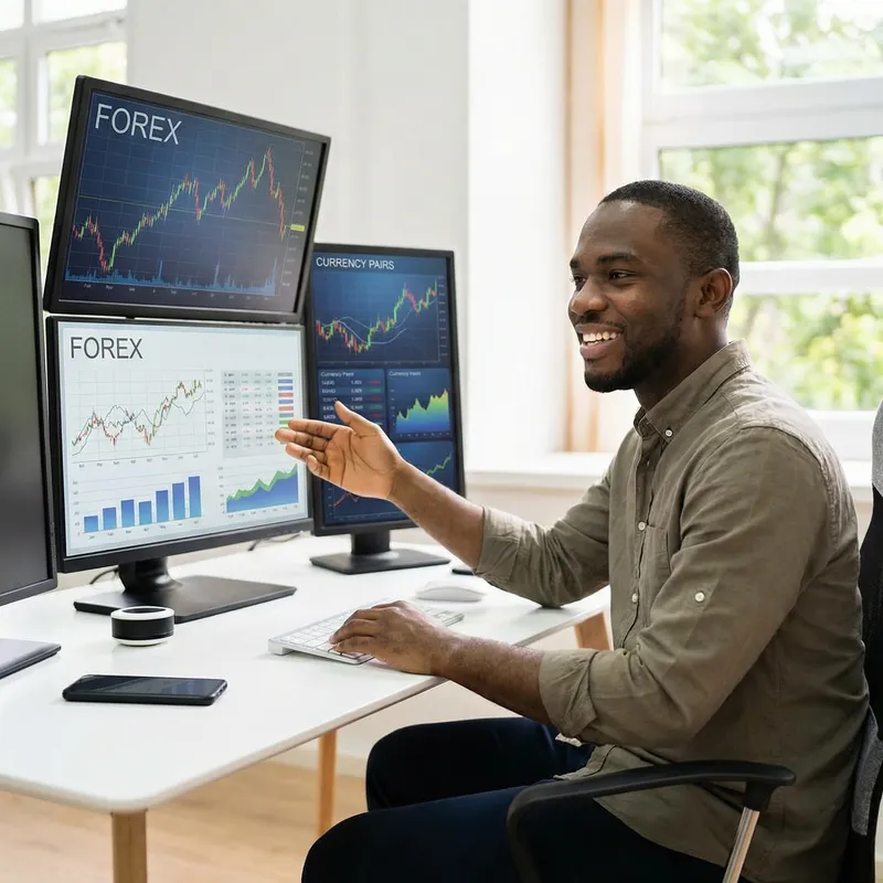 Happy Black Man at Forex Trading Setup