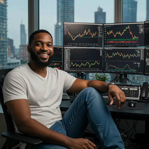 Happy Black Man at Forex Trading Setup
