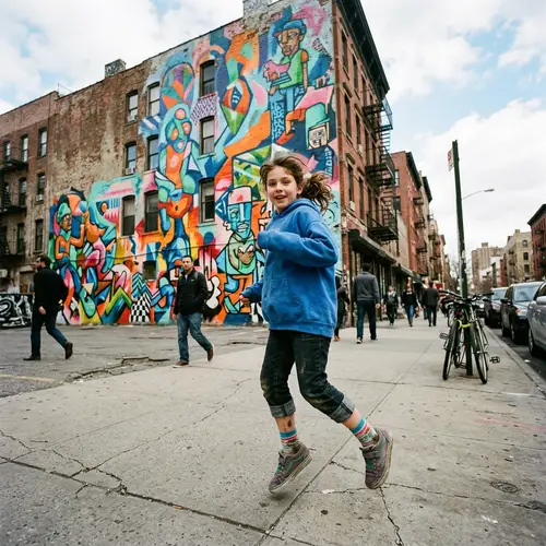 Dynamic Street Art Scene with Energetic Young Girl | Urban Culture