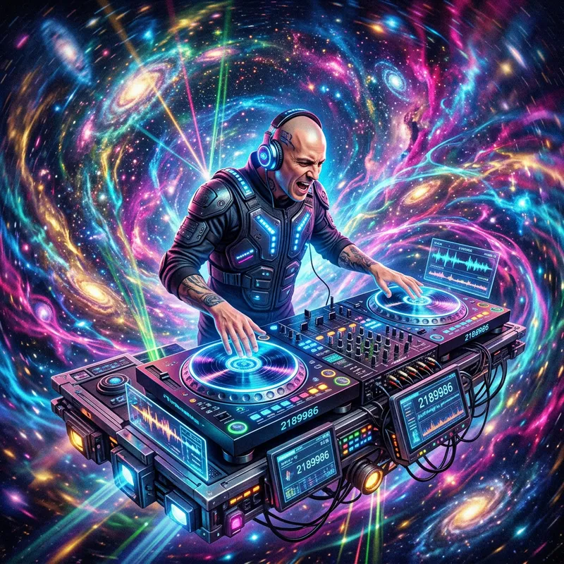 Futuristic Bald DJ Spinning in a Psychedelic Universe