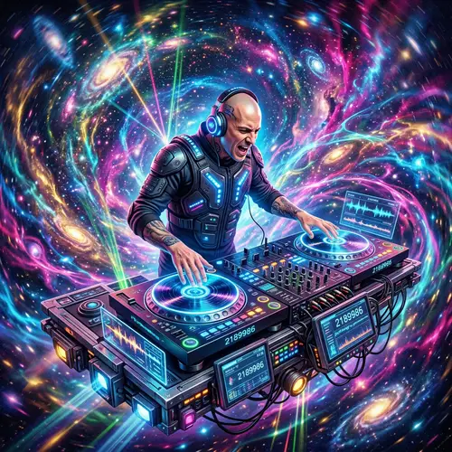 Futuristic Bald DJ Spinning in a Psychedelic Universe