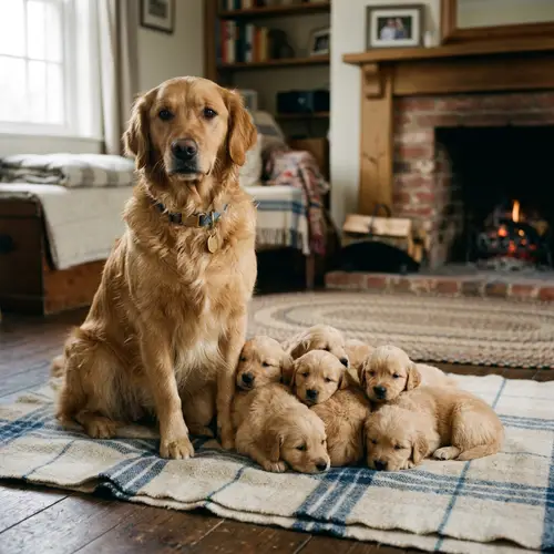 Golden Retriever with Playful Puppies