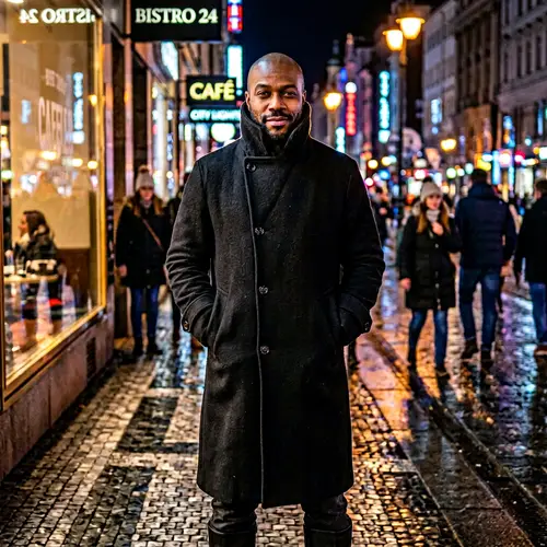 Mysterious African Man in Long Trench Coat | Night City Lights