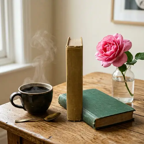 Cozy Coffee Cup, Book, and Rose on Wooden Table