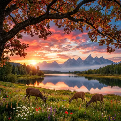 Serene Landscape at Sunset: Meadow, Oak Tree, Lake, Mountains