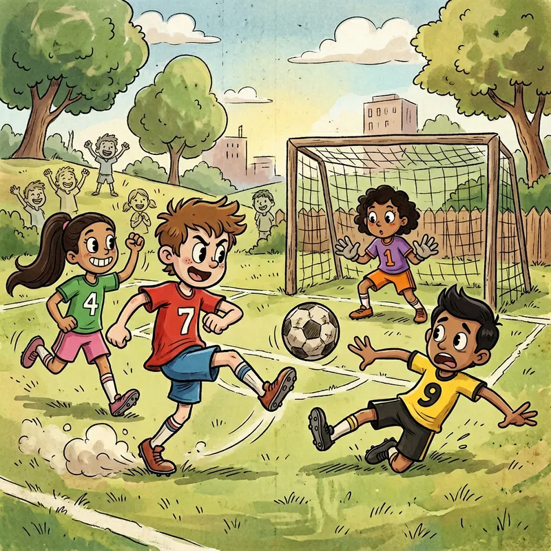 Children Playing Soccer in Whimsical Animation Style