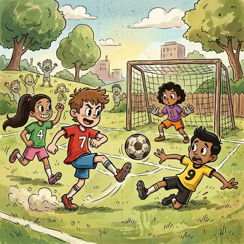 Children Playing Soccer in Whimsical Animation Style