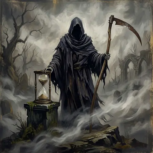 Medieval Depiction of Mortality | Cloaked Figure & Hourglass