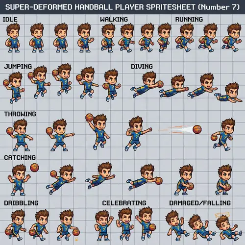 Super-Deformed Handball Player Spritesheet for 2D Video Game