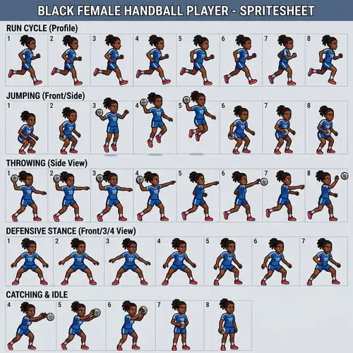Black Female Handball Player Spritesheet for 2D Video Game