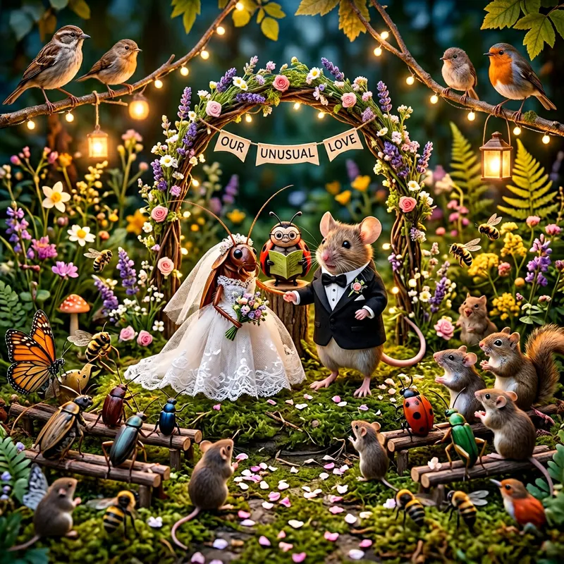 Whimsical Wedding: Female Cockroach & Male Mouse Ceremony in Natural Setting