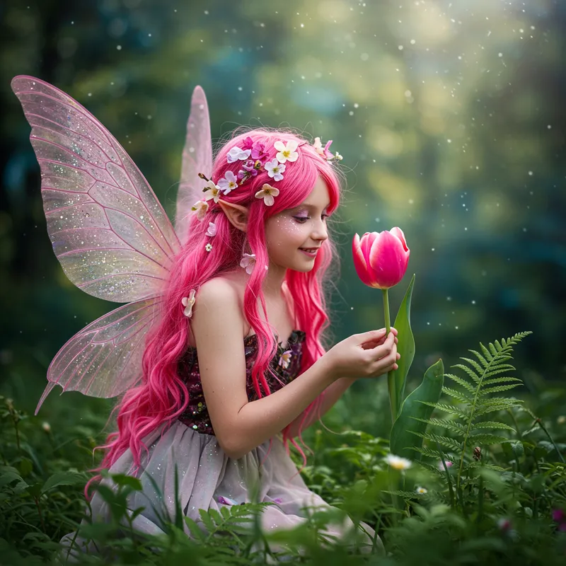 Fairy with Pink Hair Holding a Tulip