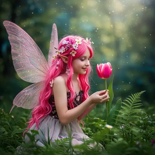 Fairy with Pink Hair Holding a Tulip
