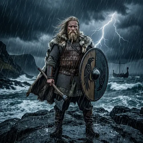 Brave Viking in Nordic Armor Faces Violent Storm