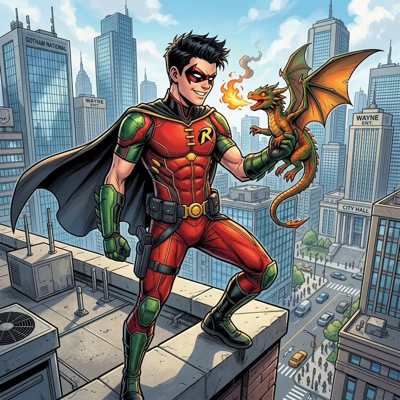 Youthful Superhero Robin with Mini-Draco in Urban Cityscape