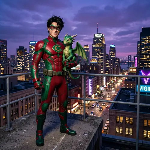 Youthful Superhero with Mini Draco | Urban Vigilante Scene