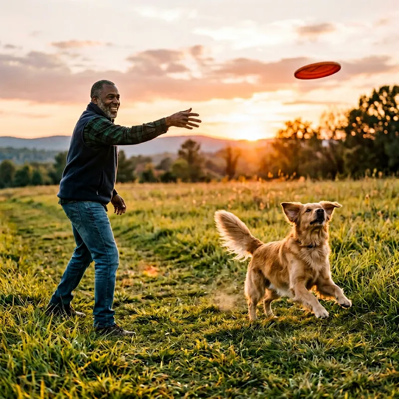 Man with Golden Retriever in Sunset