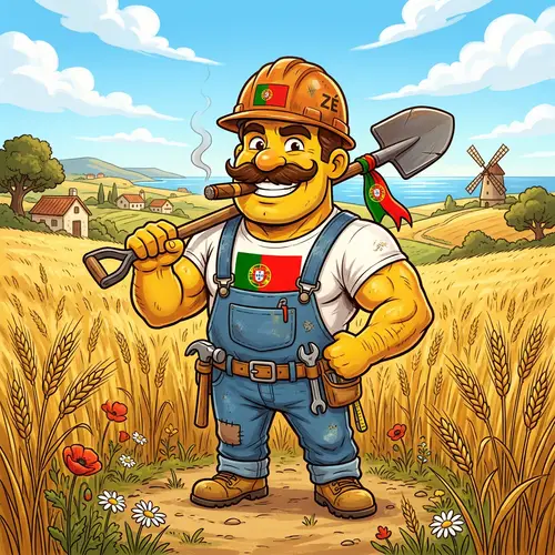 Cartoon Character with Mustache and Cigar in Portugal Flag T-shirt