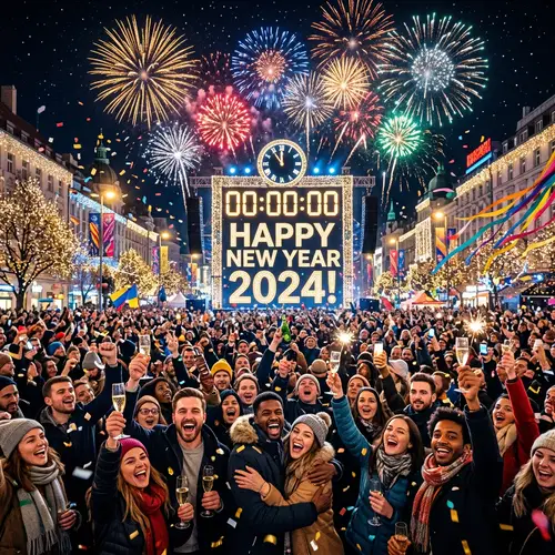 Dazzling New Year's Celebration with Fireworks and Countdown Clock