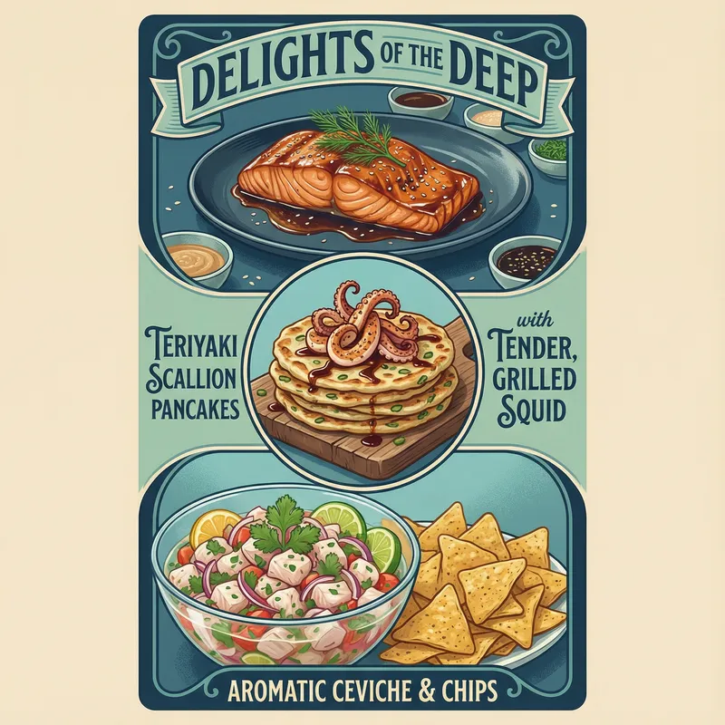 Teriyaki Salmon, Scallions Pancake, Ceviche Poster