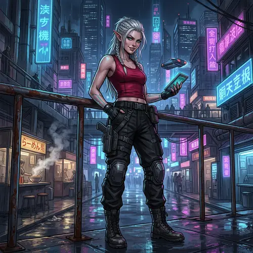 Cyberpunk Elf Woman: Stunning White-Haired Beauty
