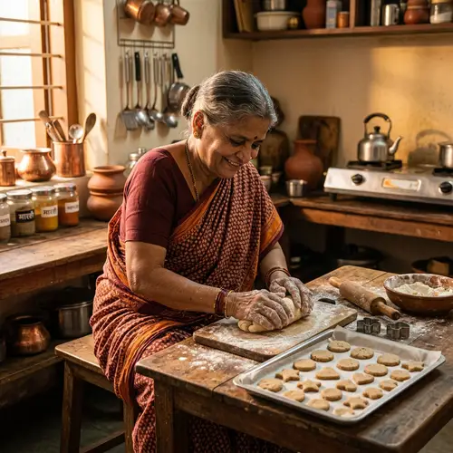 Indian Elderly Woman Baking Biscuits from Scratch