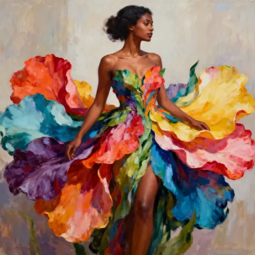 Diverse Woman in Blossom Dress - Oil Painting Art