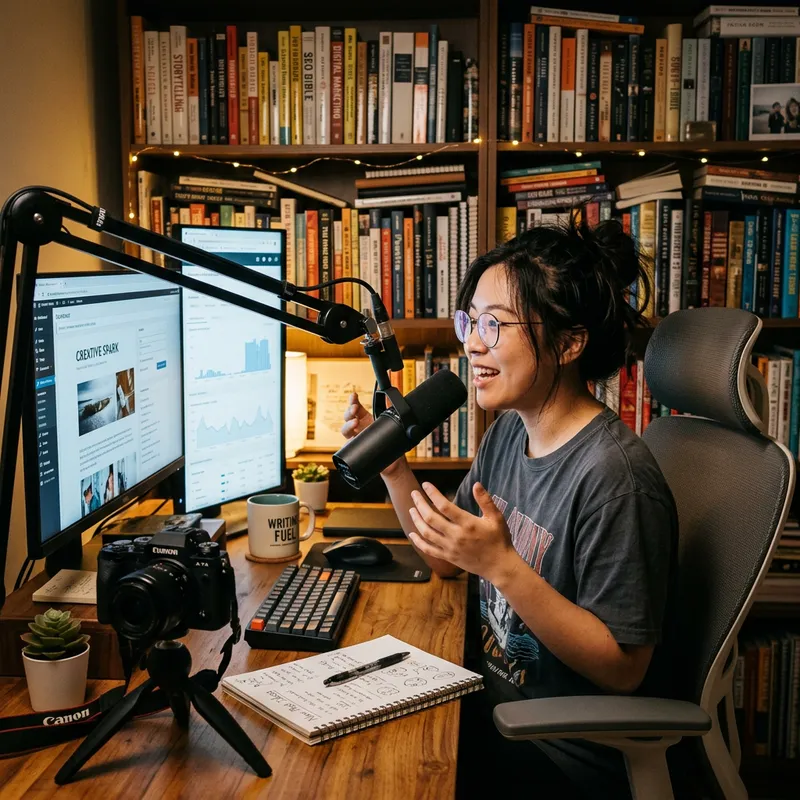 Modern Asian Female Blogger at Desk | Passionately Creating Content