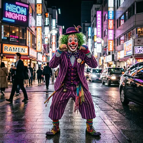 Green-Haired Clown: Playful Mewing in Neon City | Website