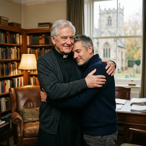 Heartwarming Bond: Priest and Younger Man Embrace