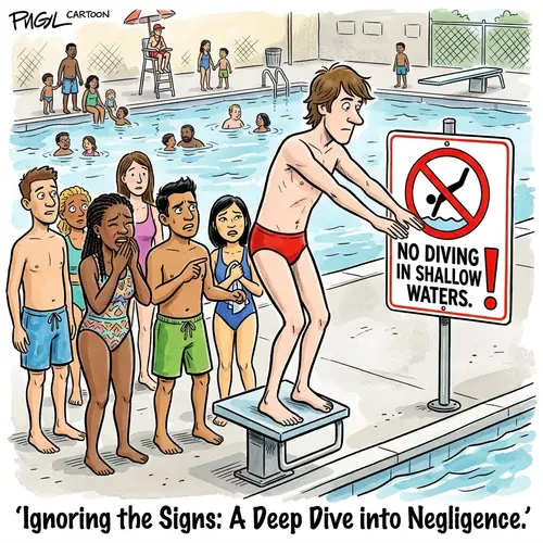 Editorial Cartoon: Negligence of Warning Signs in Pool Scene