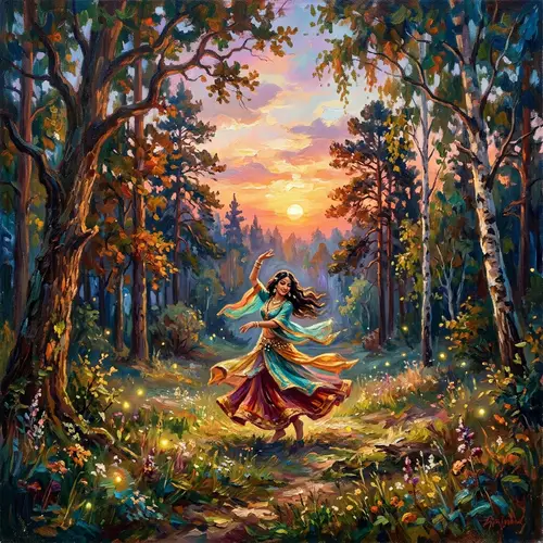 Mystical Forest Sunset Painting with Dancing Woman