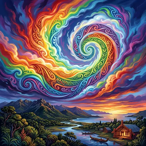 Vibrant Rainbow Cloud Art - Maori Inspiration